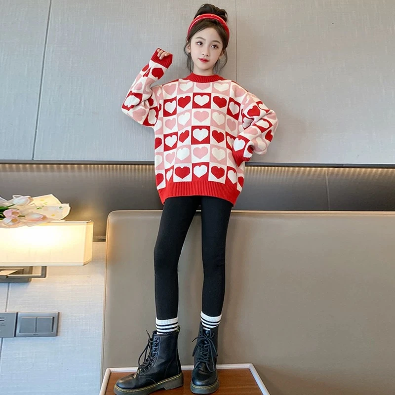 嘻【亲子装】女童毛衣2025冬季新款韩版加厚毛衣中大童爱心套头上衣