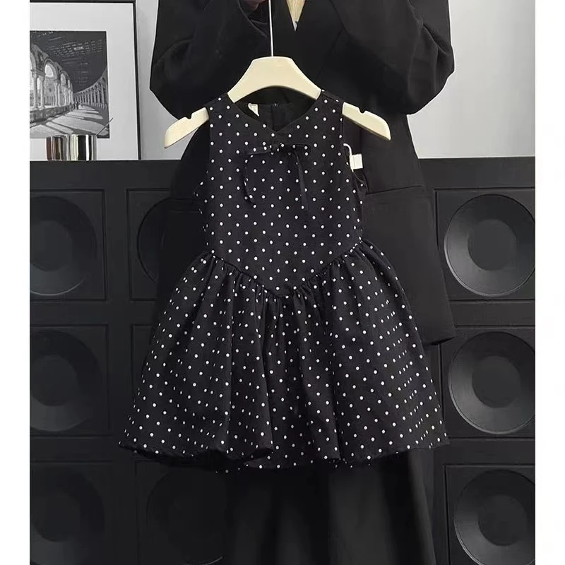 777386新款女童黑色波点连衣裙夏季洋气甜美公主裙儿童时尚背心裙