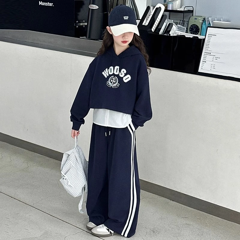 女童假两件卫衣套装2025新款春秋韩版大童休闲印花运动帽衫两件套