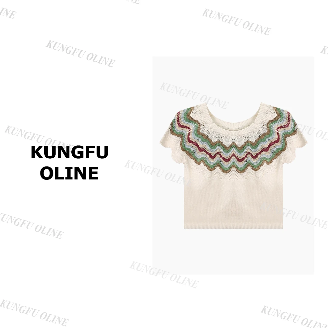 现现【小妖】MY5406镂空钩花三彩波浪撞色短袖针织衫短款套头上衣女