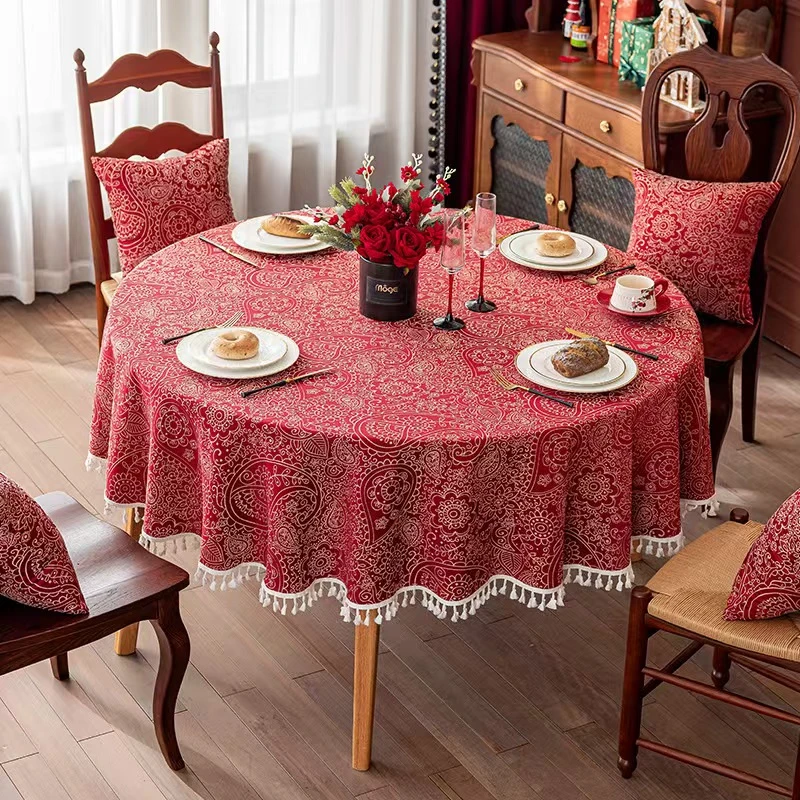 红色新年喜庆提花桌布结婚金花边圆形餐桌布茶几布台布长方形盖巾