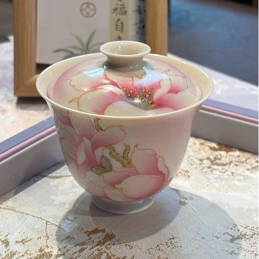 《梦乔茶器》雅圣-白瓷玉兰花盖碗茶具景德镇手工手绘高端窑口瓷器