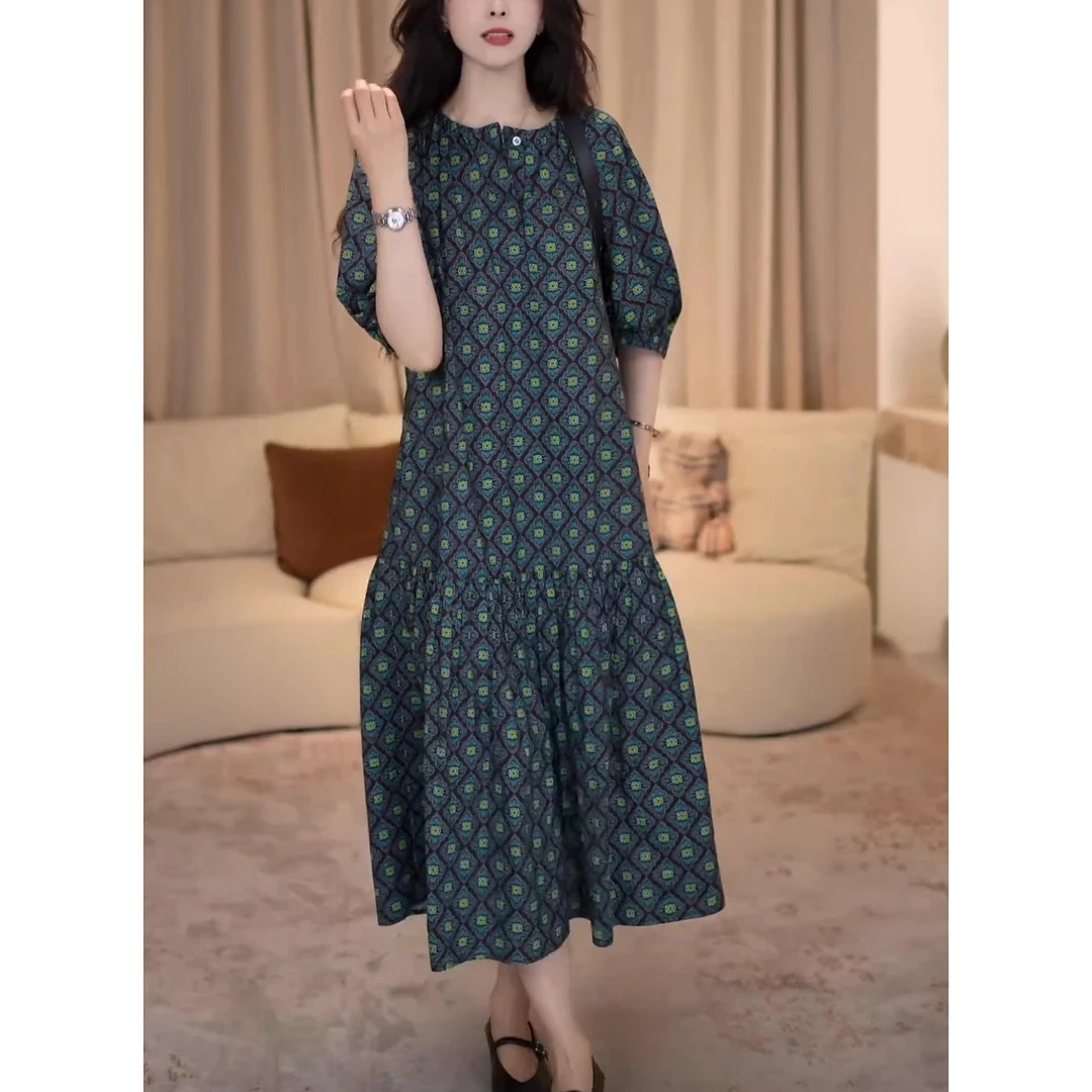 法式复古慵懒风百搭中长裙2025夏季新品时尚短袖遮肉宽松连衣裙女