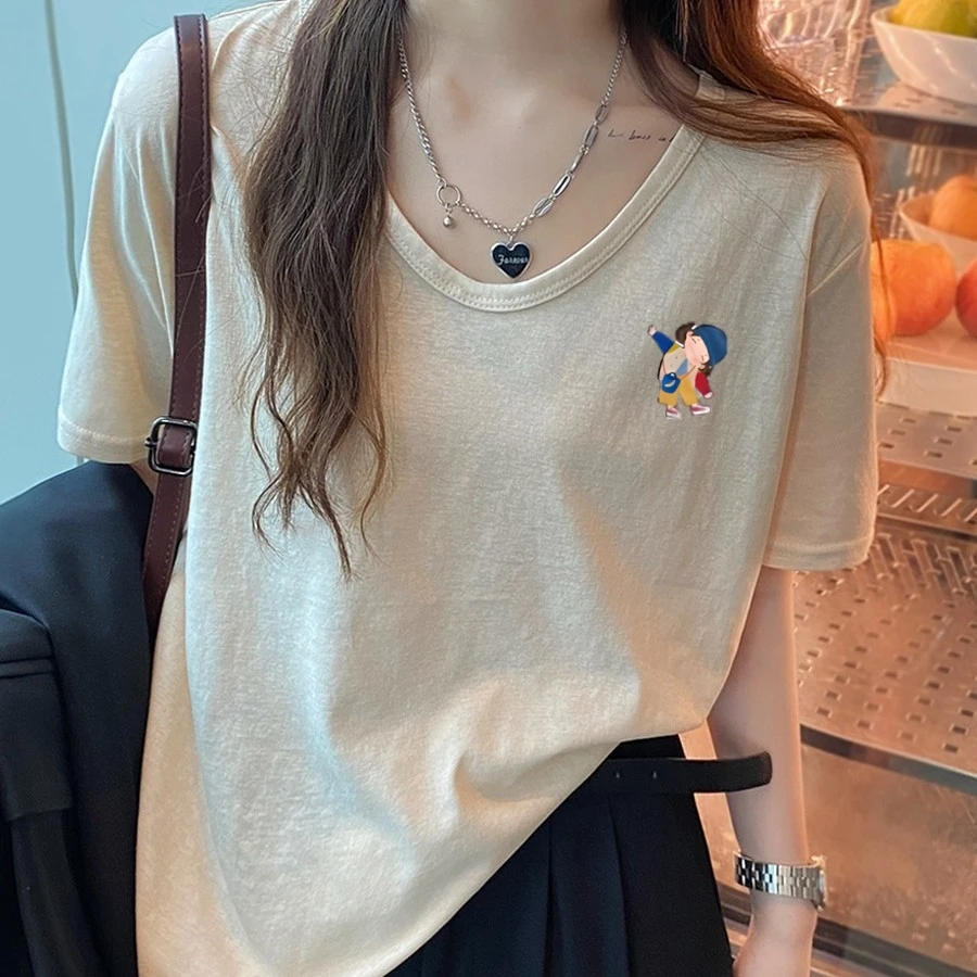 2025年夏季新款雪花棉印花显瘦短袖t恤大码v领宽松上衣洋气衣服女