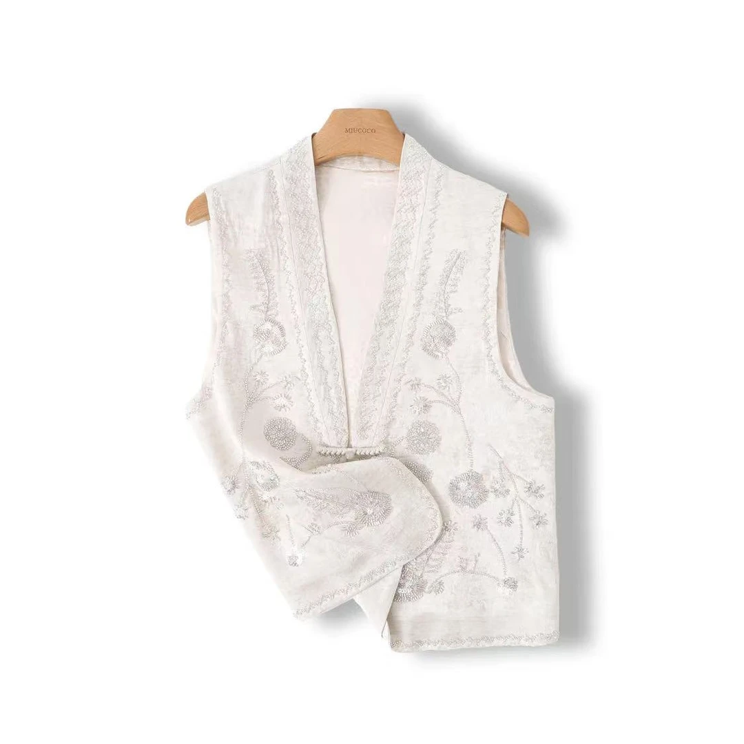 M11半夏刺绣马甲新中式国风盘扣正反面穿唐装女士坎肩外套复