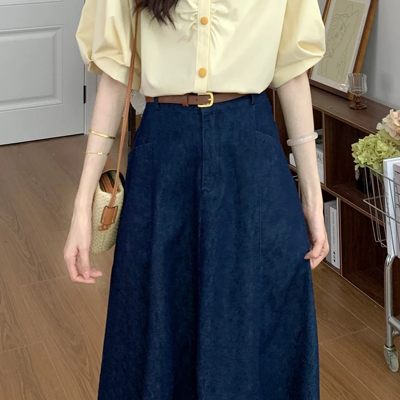 复古港风牛仔半身裙女2024夏小个子中长款A字裙