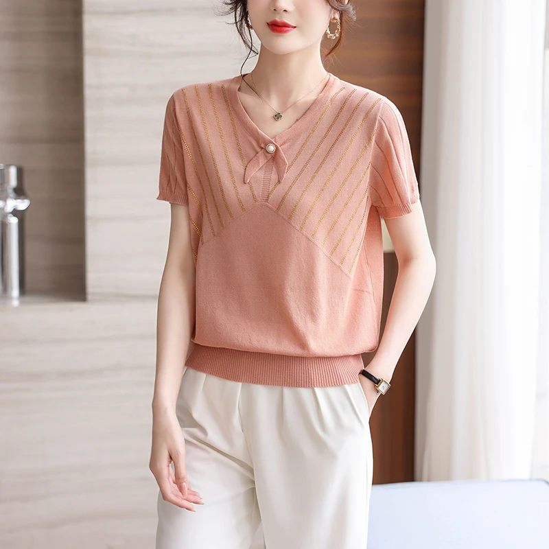 妈妈夏装气质2025夏季新款年轻女装冰丝针织衫短袖t恤薄遮肚上衣