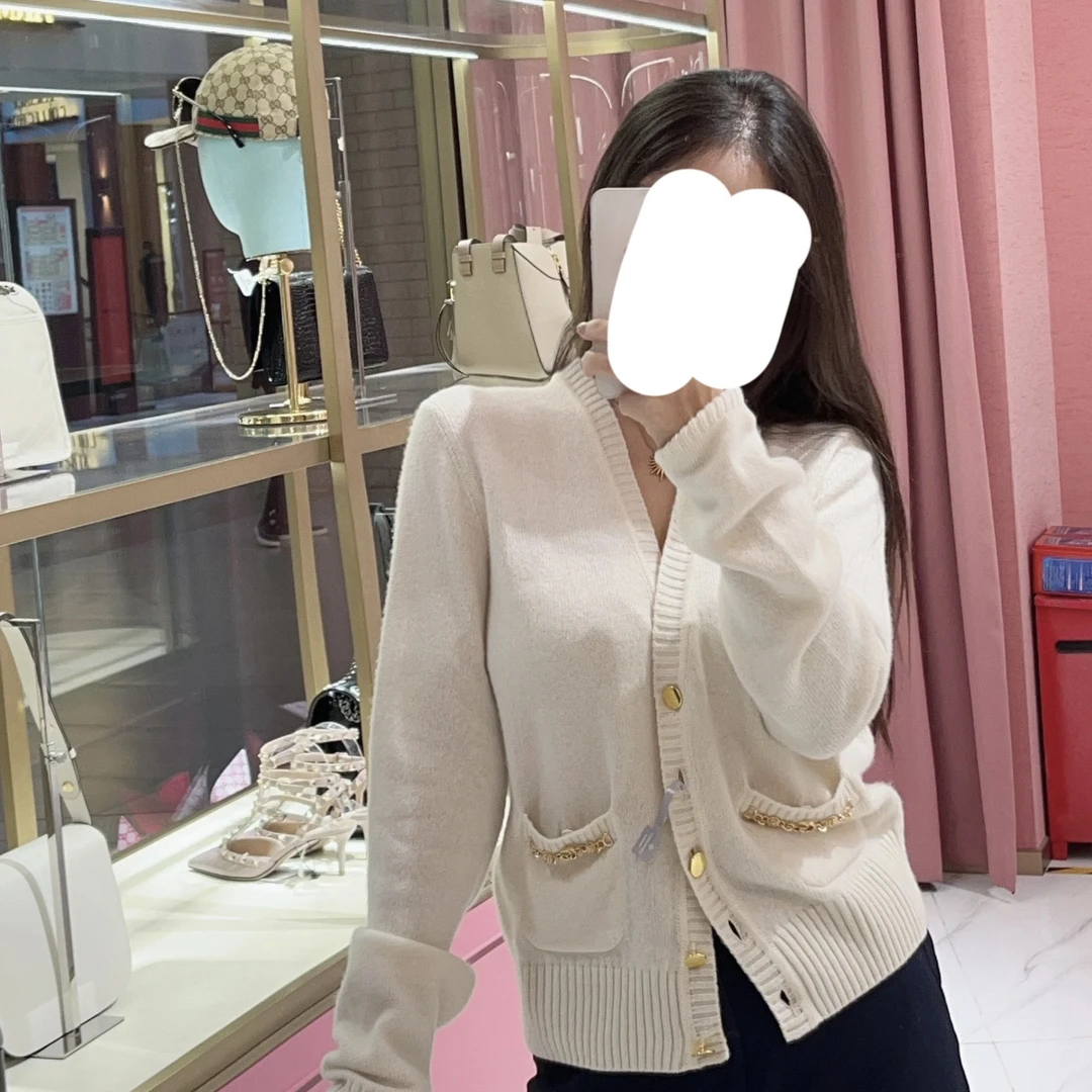 99新 GUCCI/古驰 纯色搭链缀饰V领长袖针织衫/尺码xs/C2813