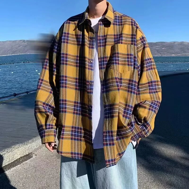 2025港风新款黄蓝格子长袖衬衫男美式格纹衬衣小众设计情侣外套潮
