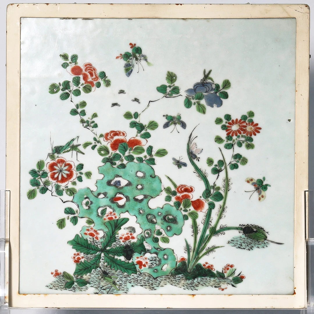 2292清康熙·红绿彩花卉草虫纹插屏【古董拍卖】