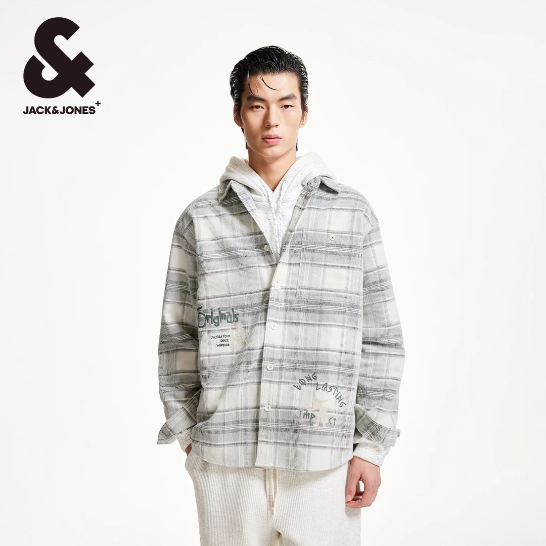 【商场同款】杰克琼斯秋季男士衬衫字母刺绣格纹宽松舒适百搭男装