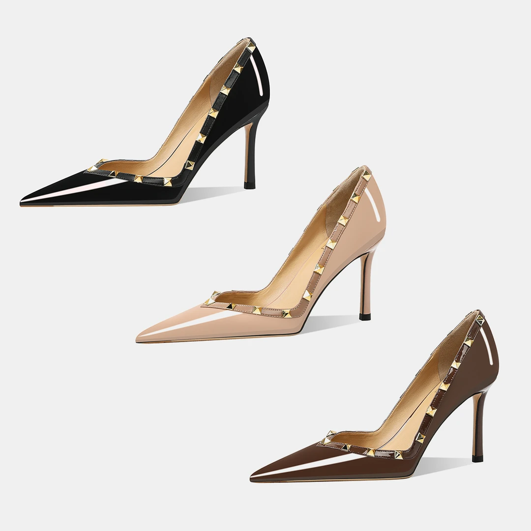 2025年新款春季铆钉细跟高跟鞋尖头浅法式性感单鞋礼仪宴会配裙子