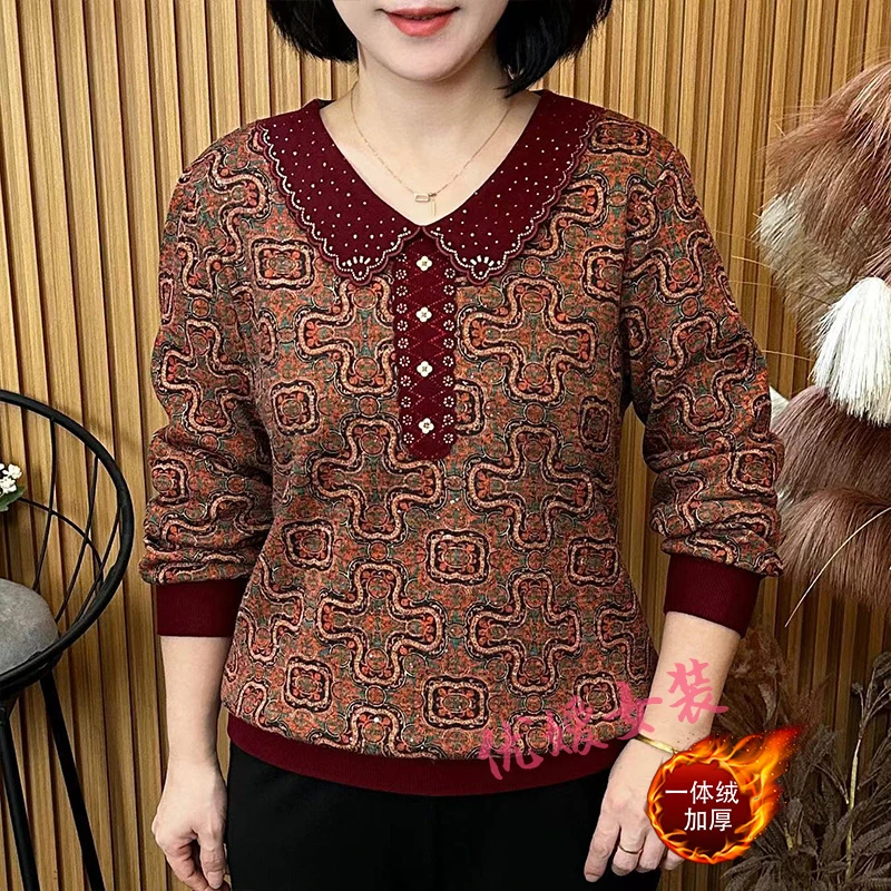 中老年女装冬季烫钻娃娃领加绒保暖显瘦百搭洋气妈妈装长袖上衣