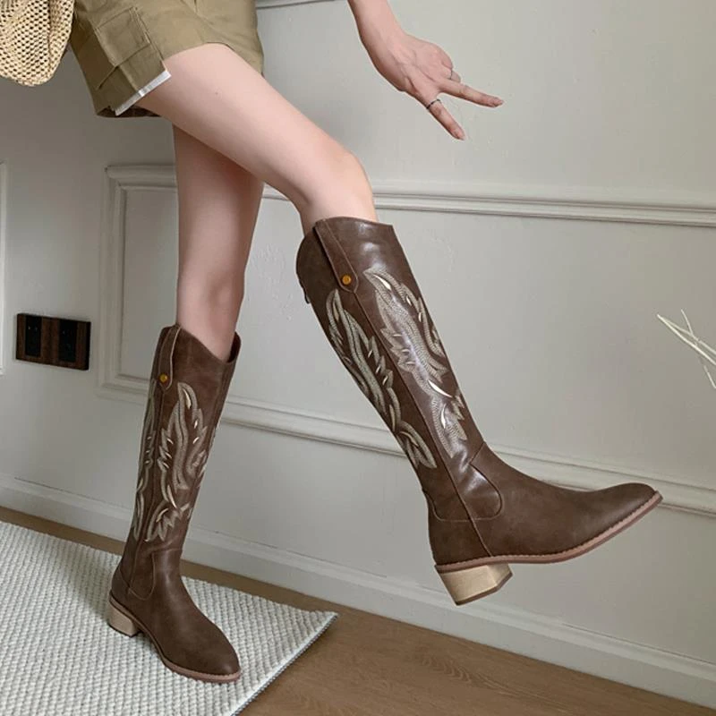 真皮刺绣西部靴直筒靴不过膝长靴骑士靴美拉德秋冬马丁靴高筒靴女