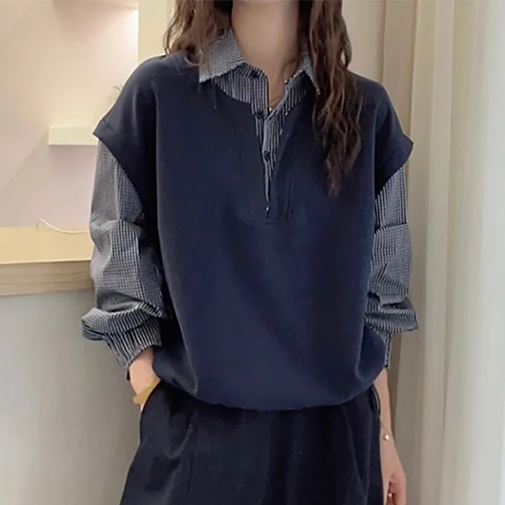 秋季女蓝色格子衬衫高级感轻奢时尚减龄洋气宽松休闲假两件上衣