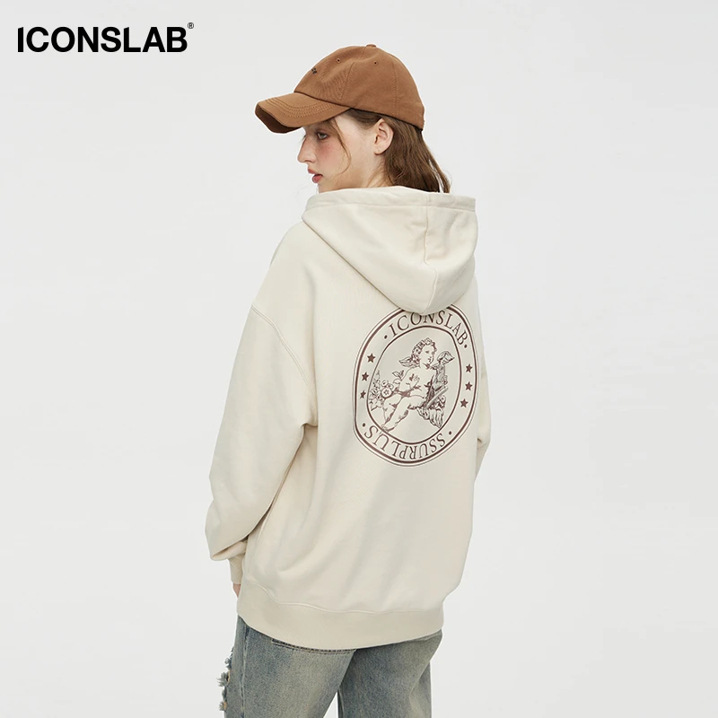 iconslab 美式复古天使徽章连帽卫衣宽松情侣帽衫男女同款外套秋