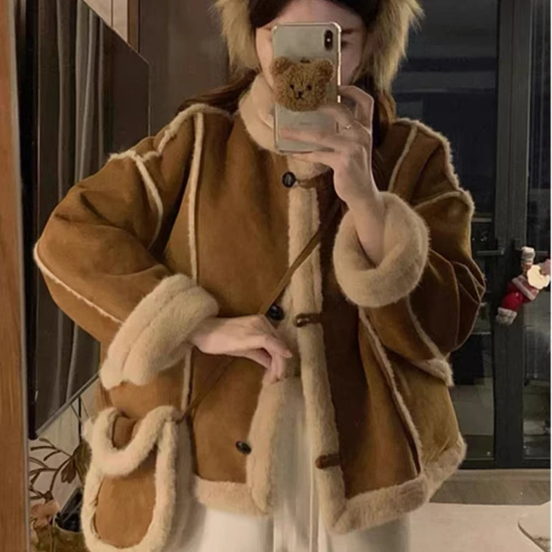 高级感立领一体包包外套女加绒加厚保暖外套时尚休闲机车服 5355