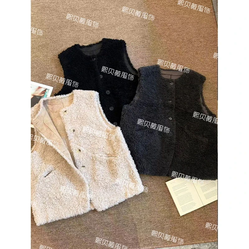 熙贝薇5 100绵羊毛秋冬新款高级感保暖羊羔毛无袖马甲背心 G5335