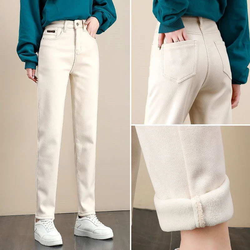 米白色秋冬加绒小个子九分哈伦牛仔裤女士宽松显瘦高腰直筒烟管裤