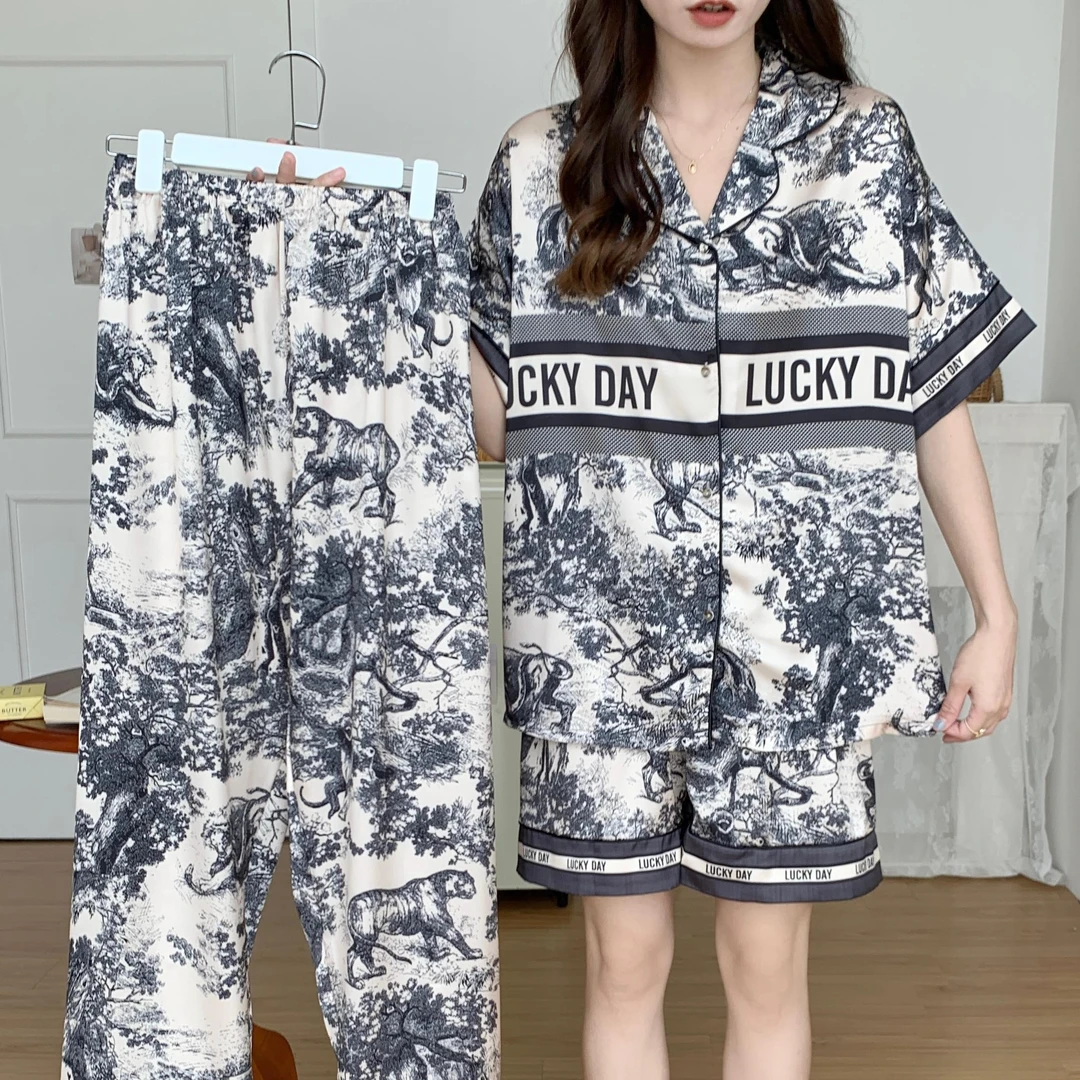 高品质爆款水墨画春夏季轻奢短袖三件套冰丝薄款睡衣女家居服