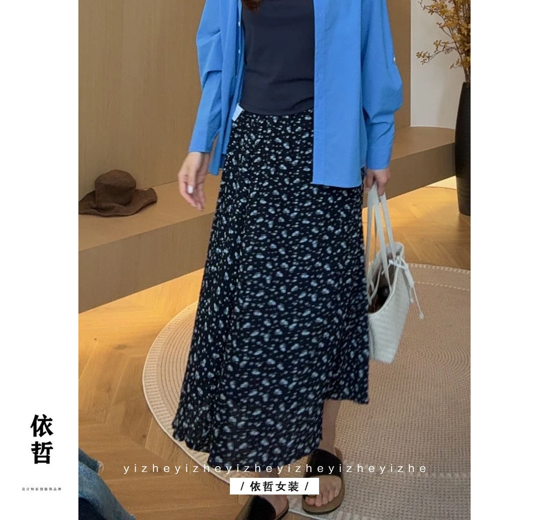 “”藏青碎花裙“”长款女蓝色春夏装高腰显瘦时尚A字裙夏季