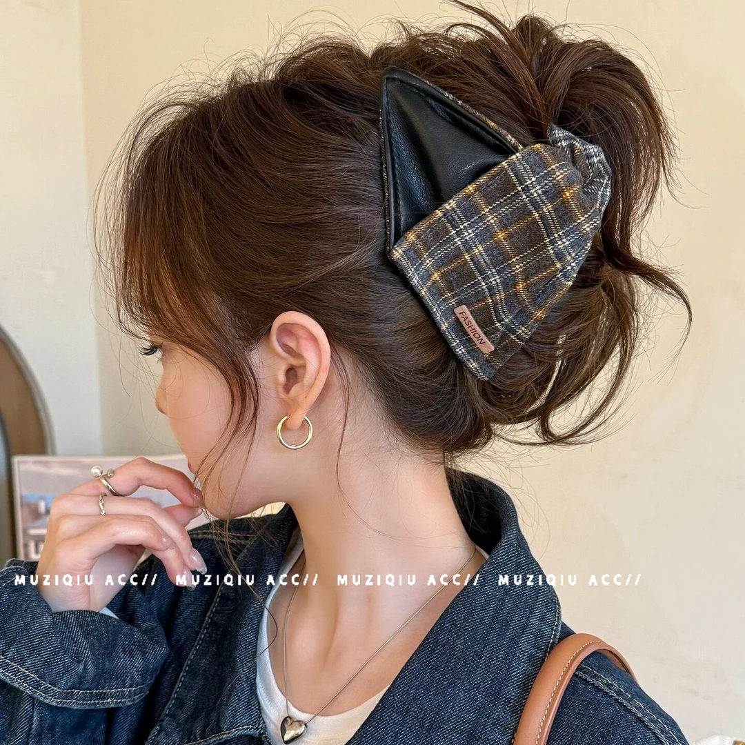 木子秋高级感复古格纹拼接三角盘发抓夹精致优雅气质时尚百搭发夹