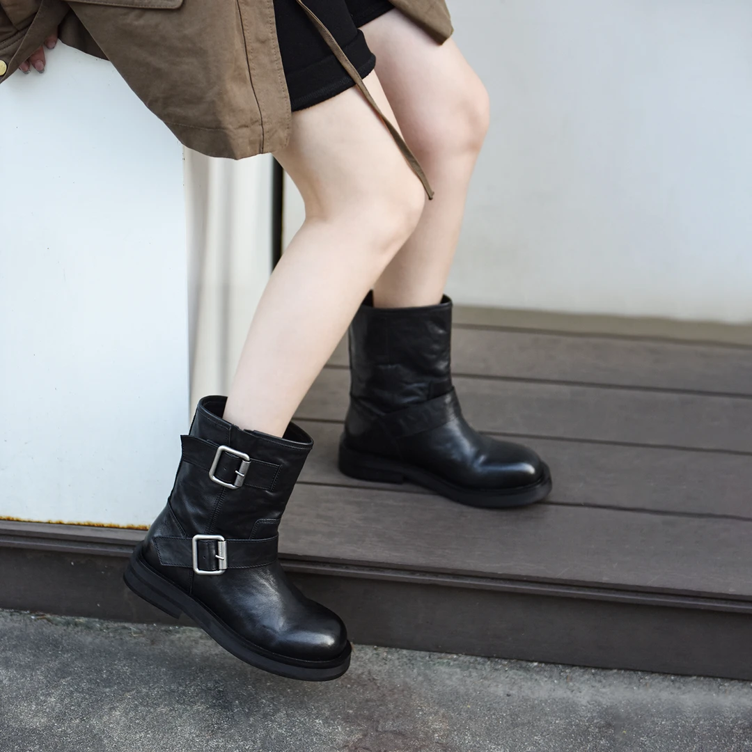 Artmu阿木马丁靴女款新款双扣粗跟厚底短靴机车靴真皮西部靴115