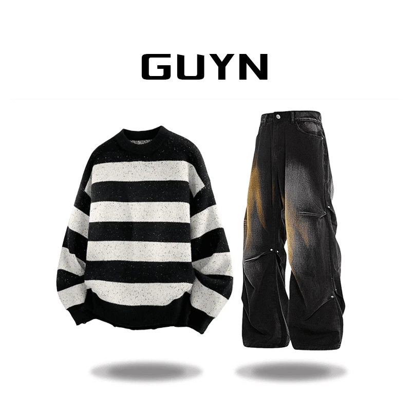 【品牌正品现货】GUYN秋冬条纹圆领毛衣男款宽松百搭套头打底针织衫