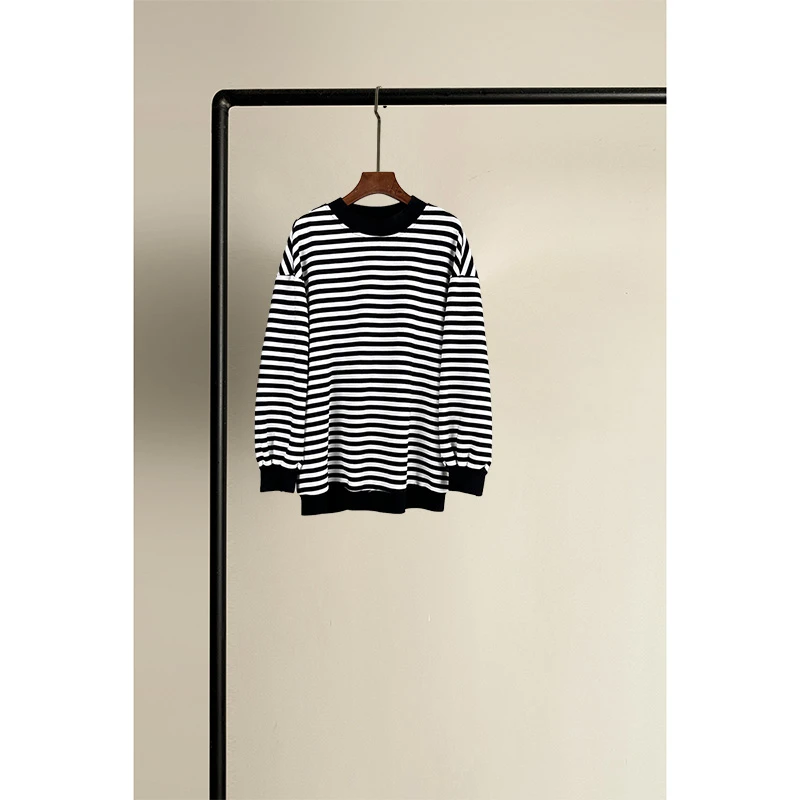 ICEEL纯棉横条纹圆领卫衣高端无帽春秋复古休闲上衣原创设计女装