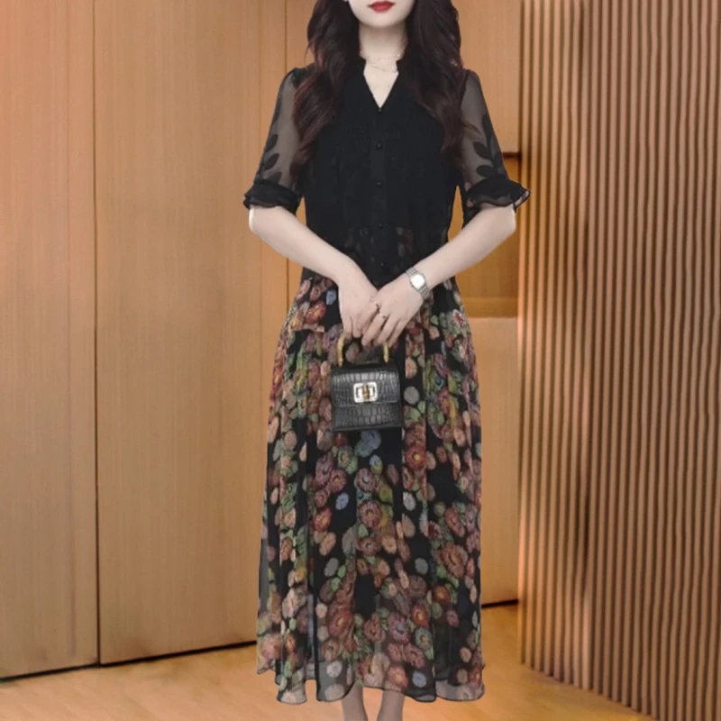 3666#高端时尚气质遮肚显瘦假两件连衣裙2025年减龄短袖裙子夏季