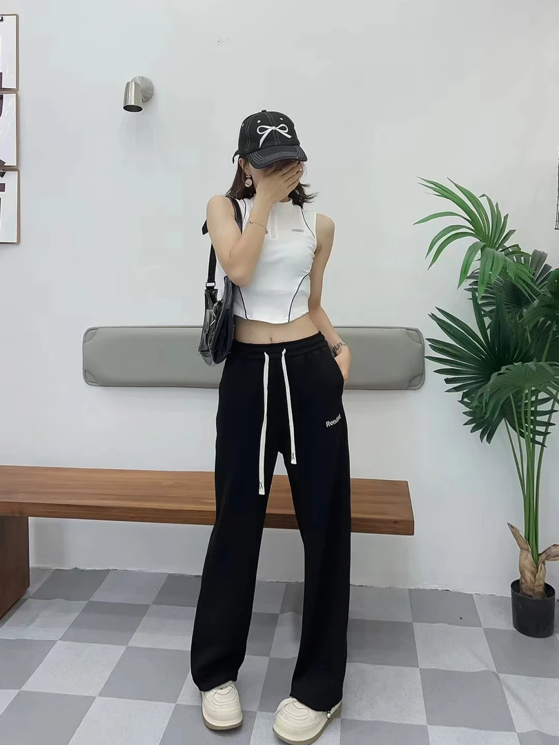 长裤中腰休闲裤青少年阔腿裤女夏季潮流直筒运动裤阔腿裤抽绳