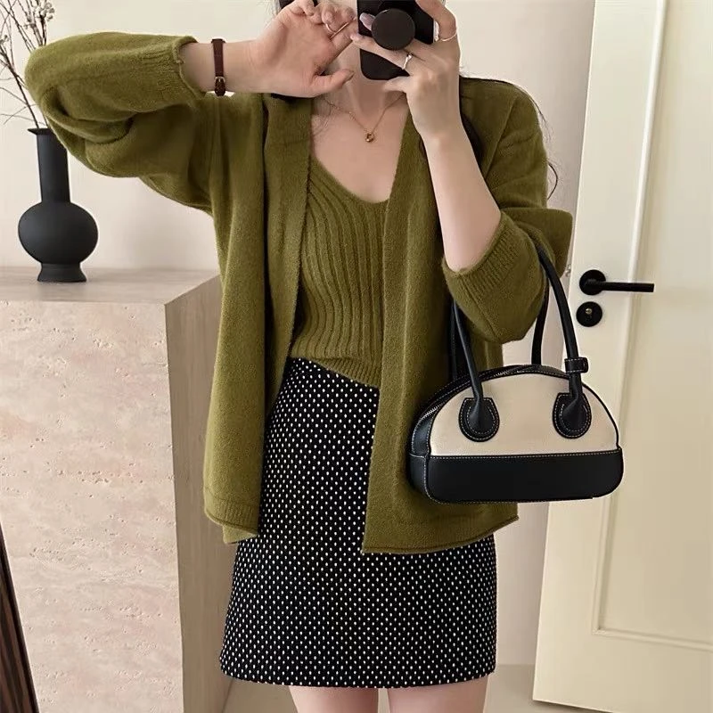 早秋韩系温柔风简约高级感套装长袖开衫针织吊带两件套82088#0.13