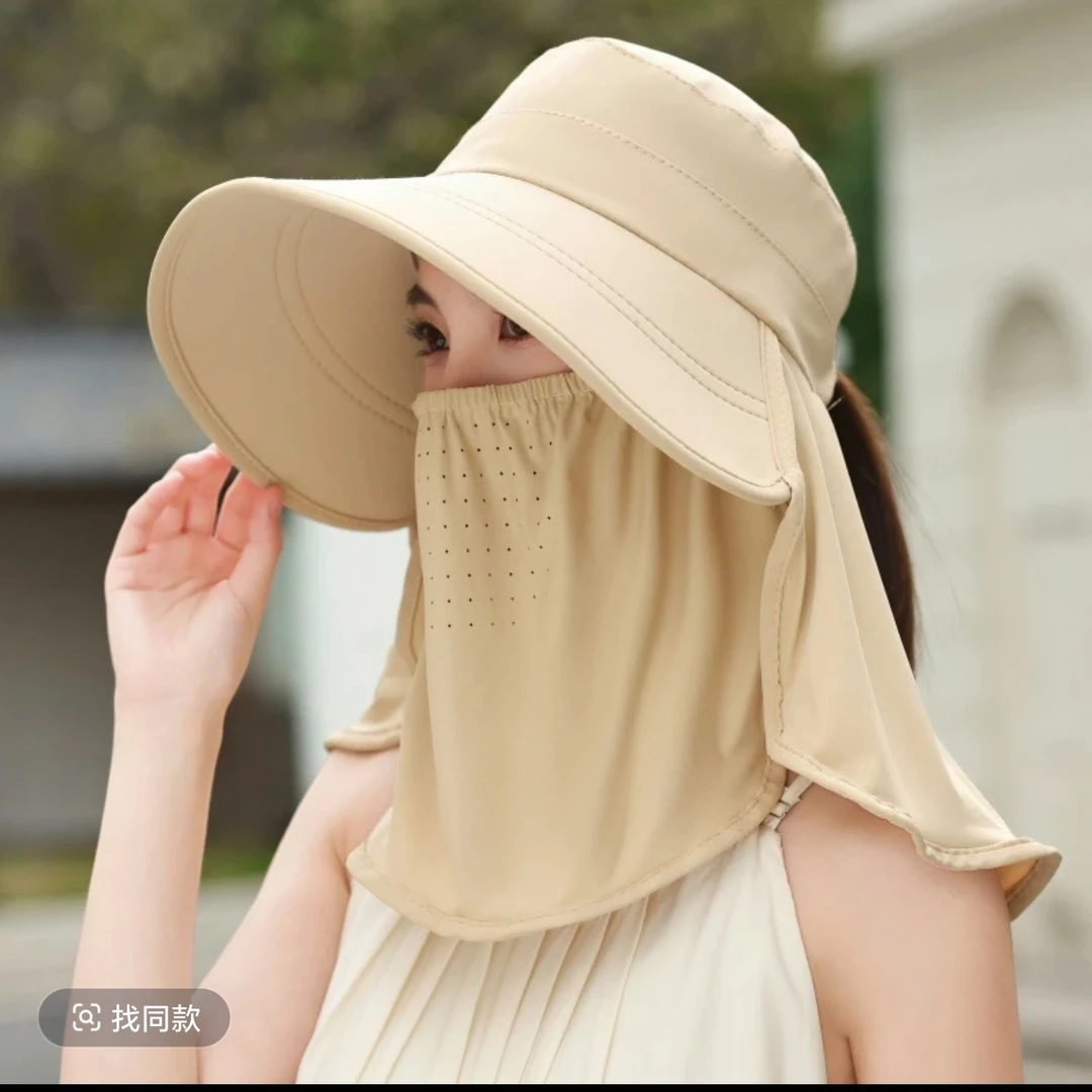 大帽檐防紫外线女遮阳帽口罩一体采茶帽太阳帽冰爽丝透气防晒款帽