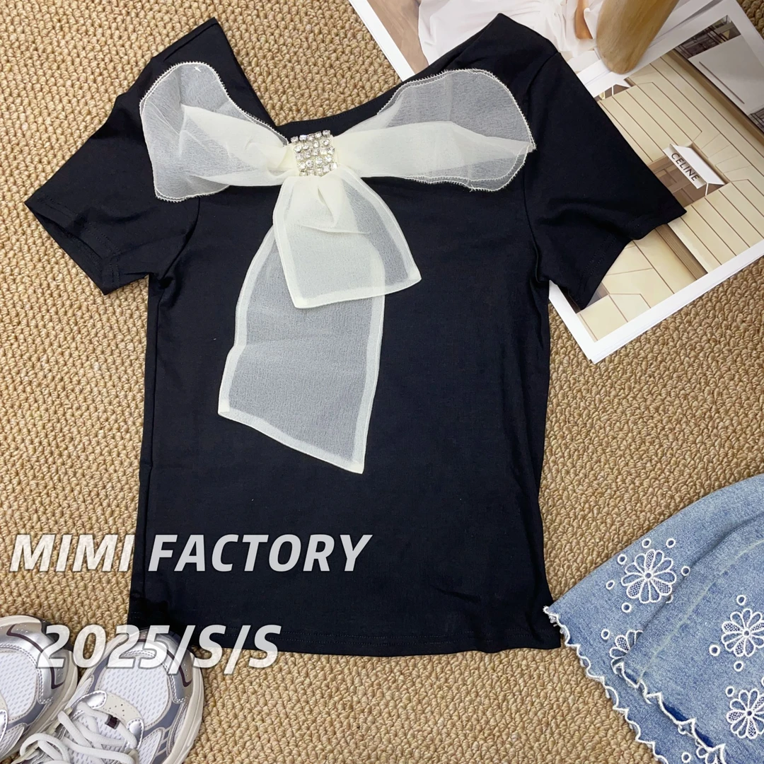 芈芈 2025夏季新款 蝴蝶结装饰设计短袖T恤女修身显瘦上衣4543#