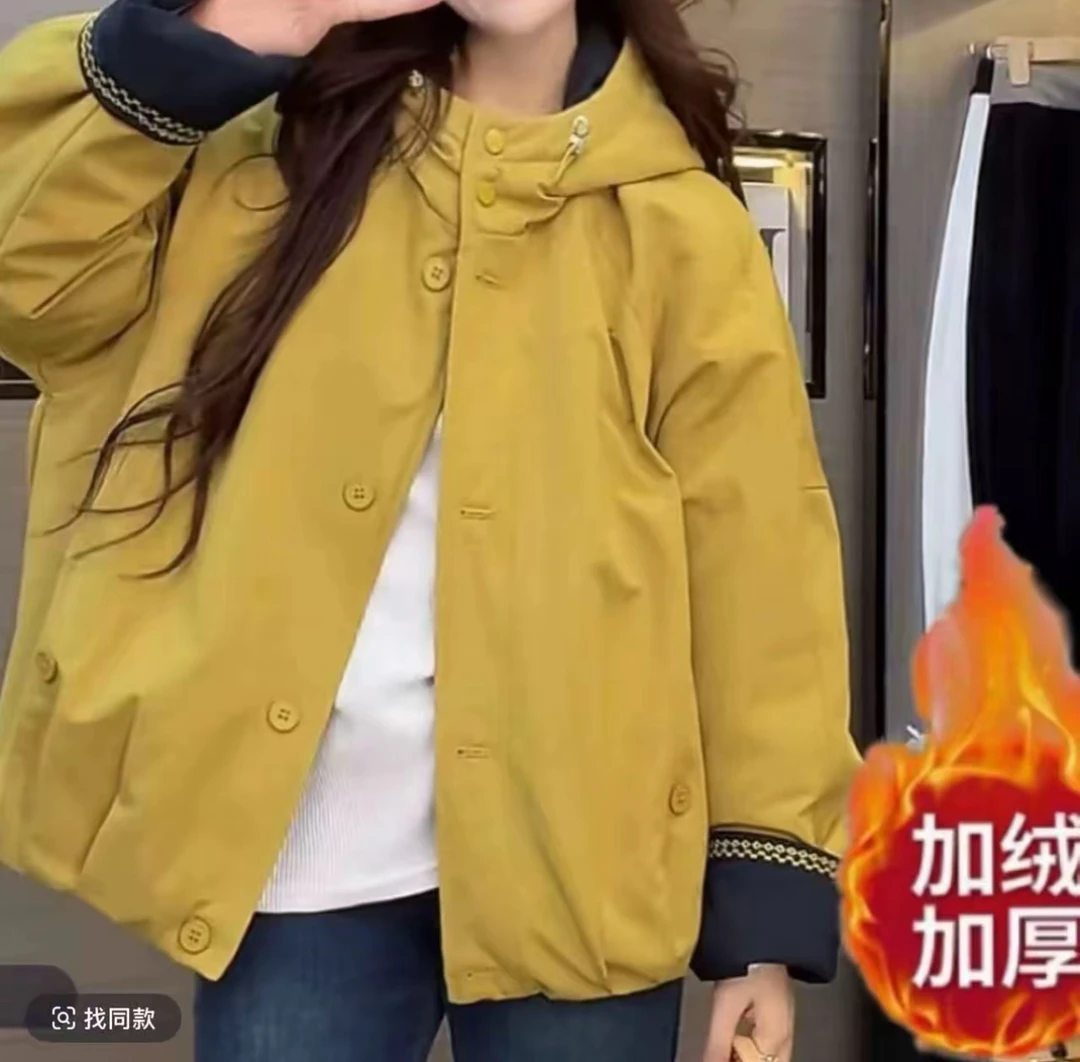 《全身加绒》韩版休闲风落肩袖女不褪色冲锋衣短外套冬季连帽宽松型