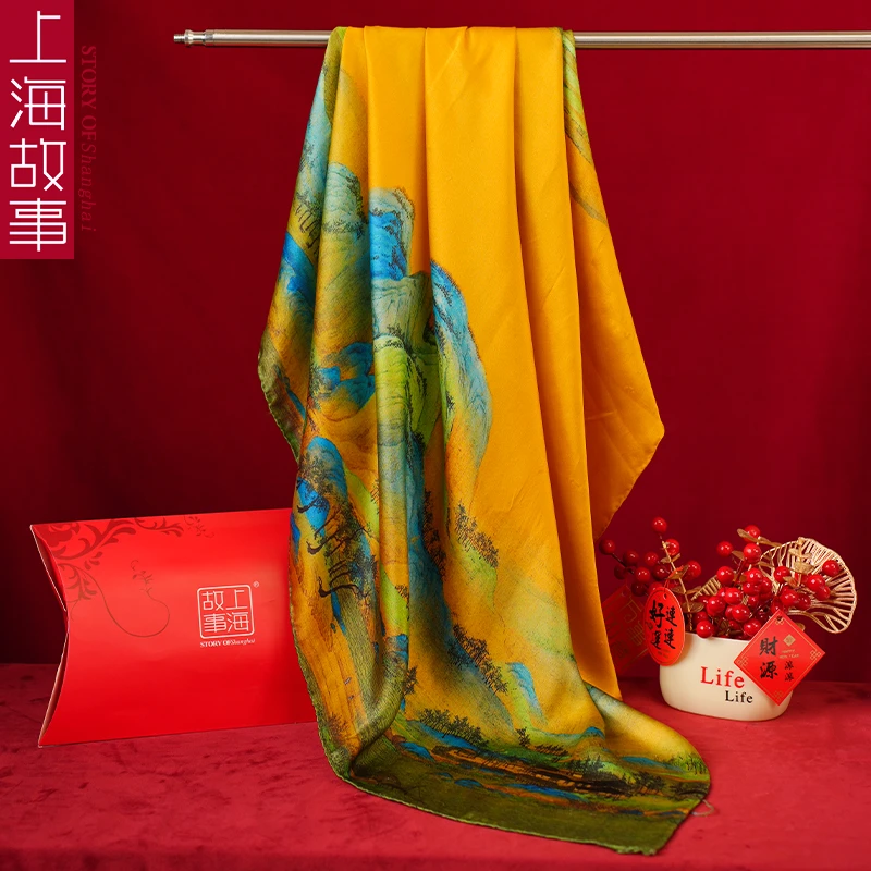 上海故事2024秋冬桑蚕丝百搭中方巾送妈妈时尚减龄礼盒千里江山