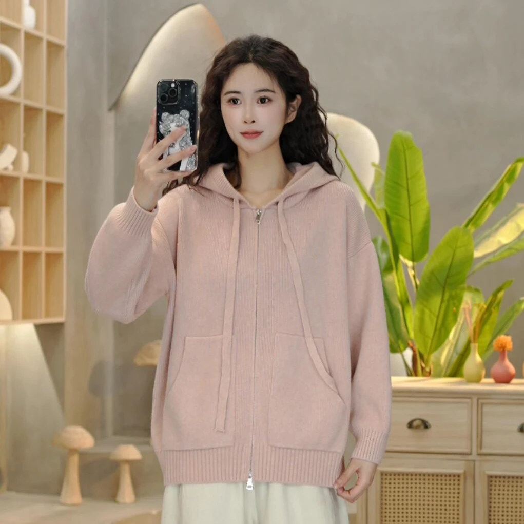 5133 冬季新款纯色连帽针织衫宽松显瘦时尚百搭开衫毛衣外套