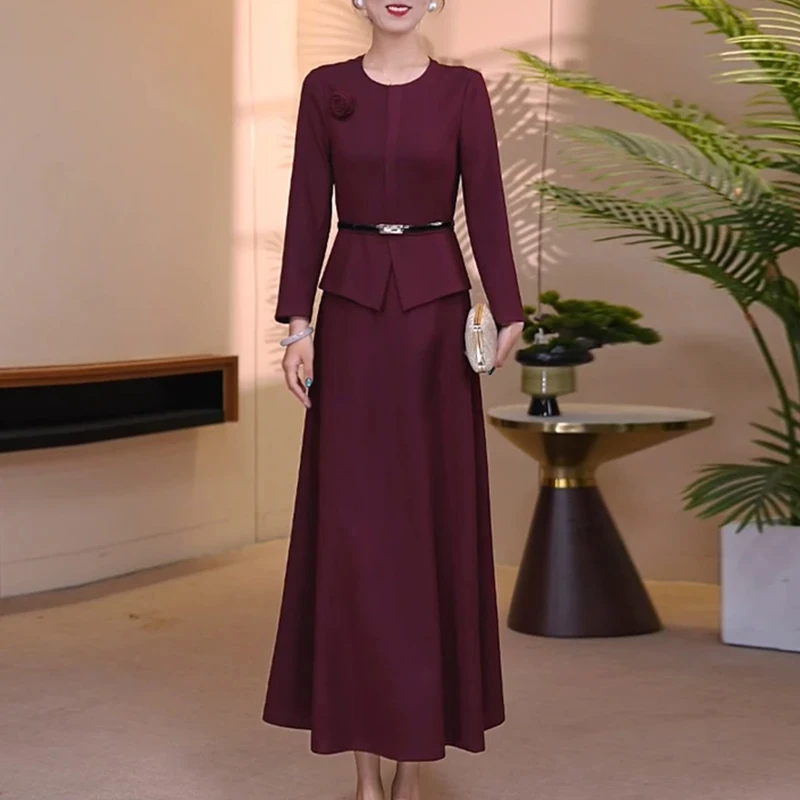 酒红色假两件大摆连衣裙2025秋季时尚修身收腰显瘦气质长裙