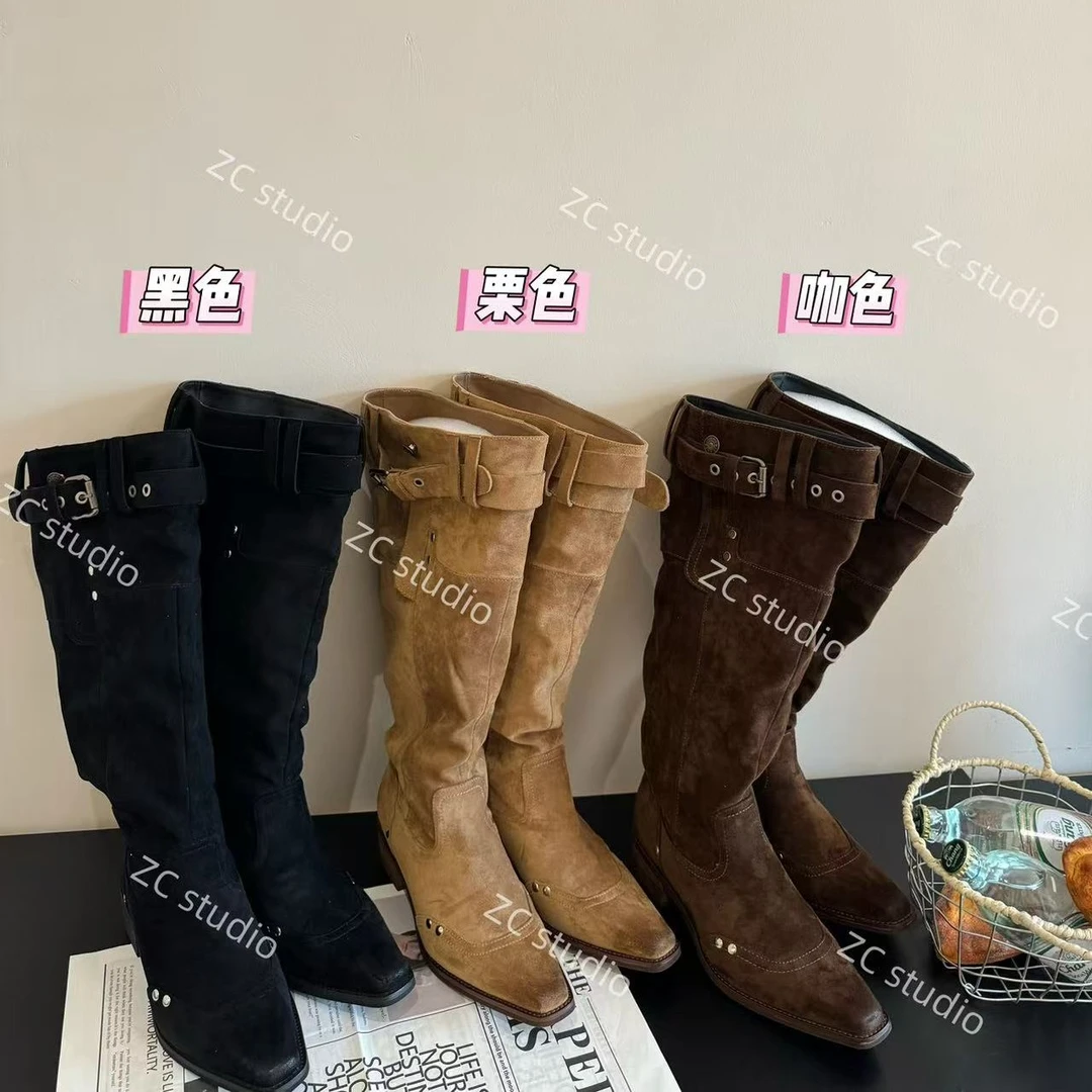女靴长筒时装靴中筒复古马靴棕色方头牛仔靴