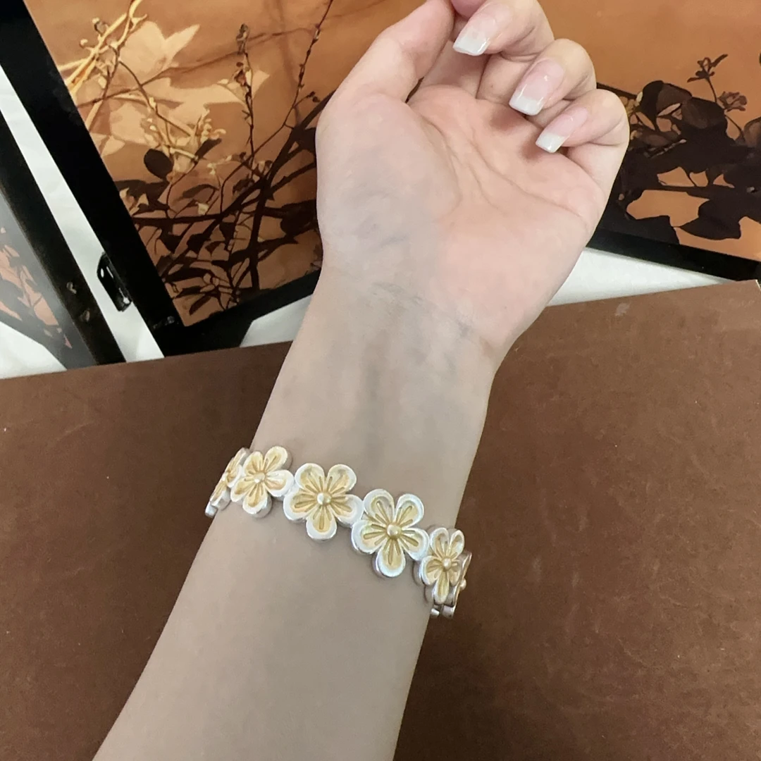 足银银制品 D08描金桃花手镯开口款