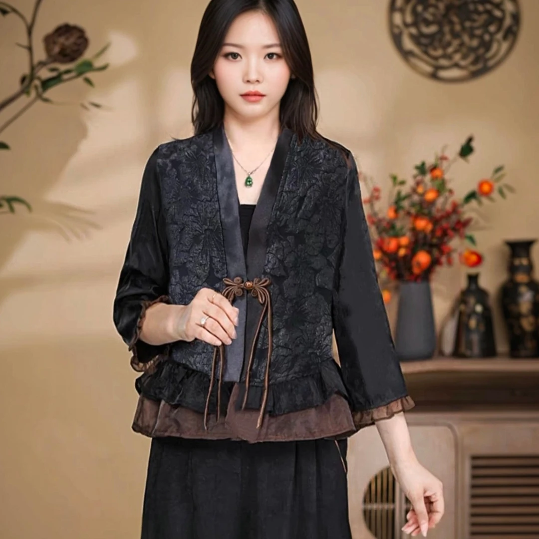 高端国风提花V领外套女2025春秋季新款新中式重工改良国风潮上衣