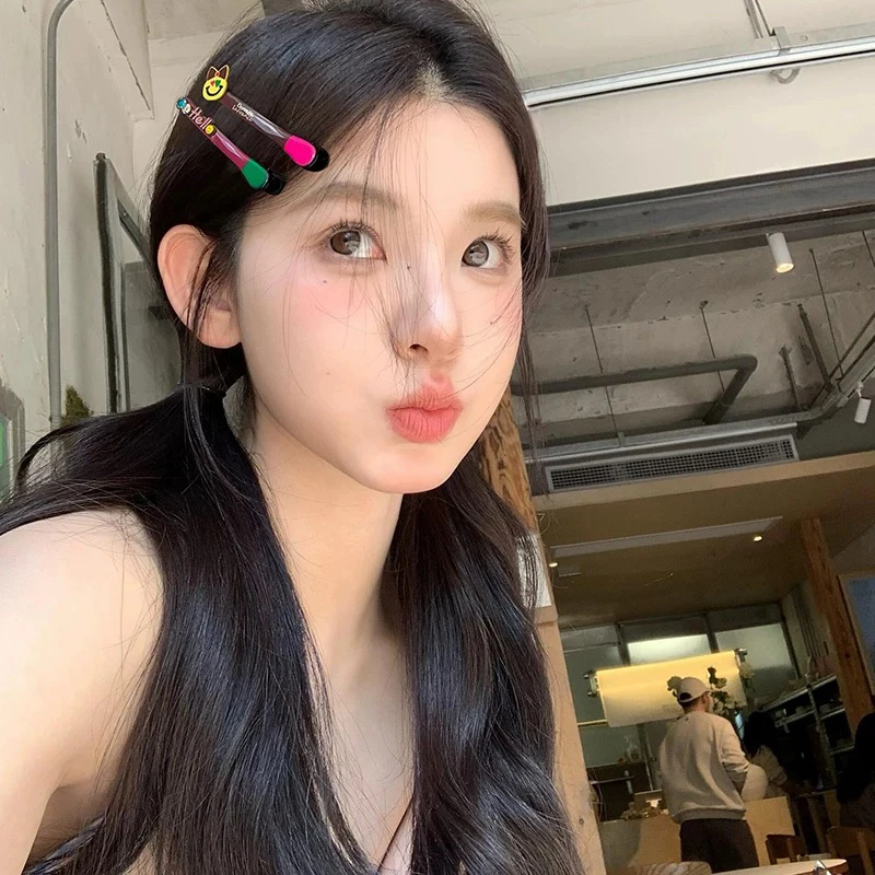 新韩系东大门滴油撞色HELLO小猫咪一字夹元气边夹可爱系高级感