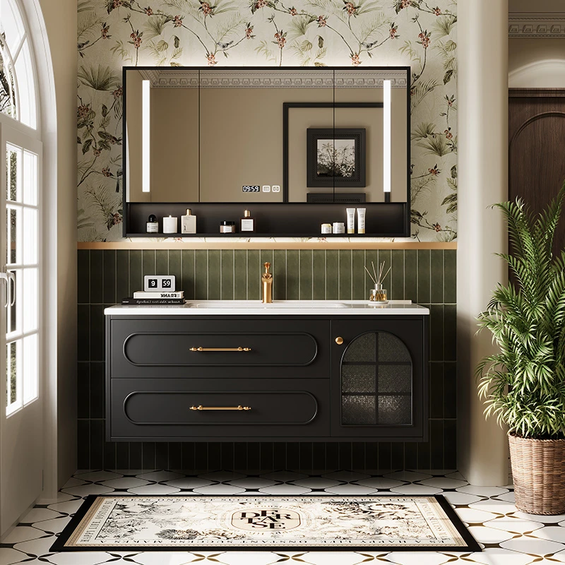 新款法式橡木浴室柜岩板热弯一体盆浴室柜组合卫生间洗漱台洗脸盆