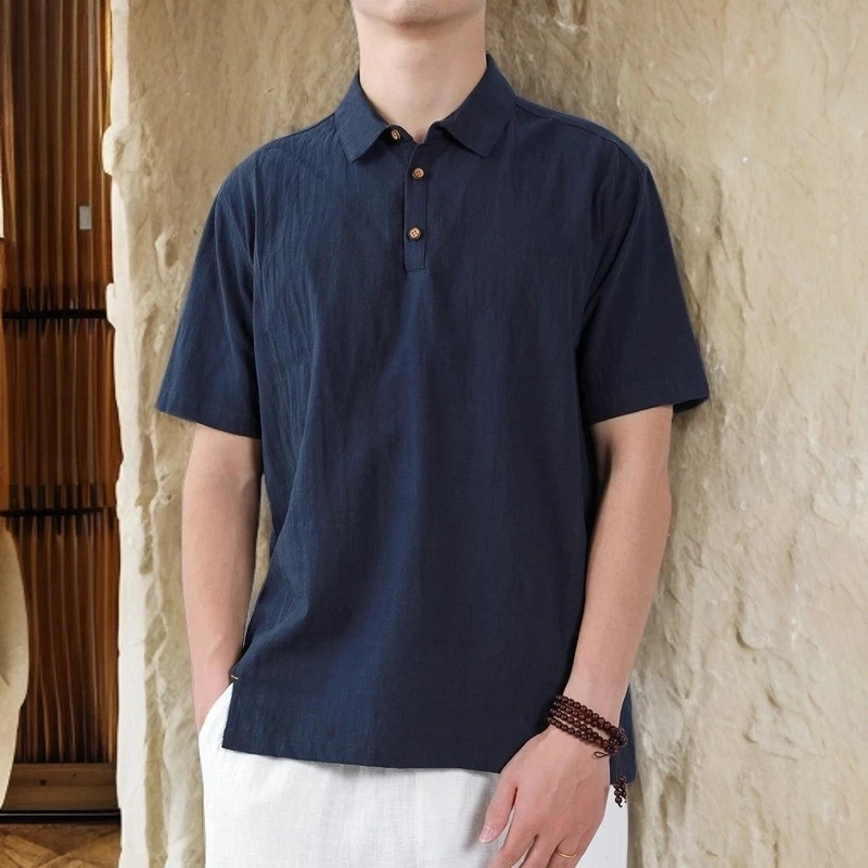 中式复古棉麻短袖男士衬衫休闲简约方领衬衣男夏季宽松透气寸衣