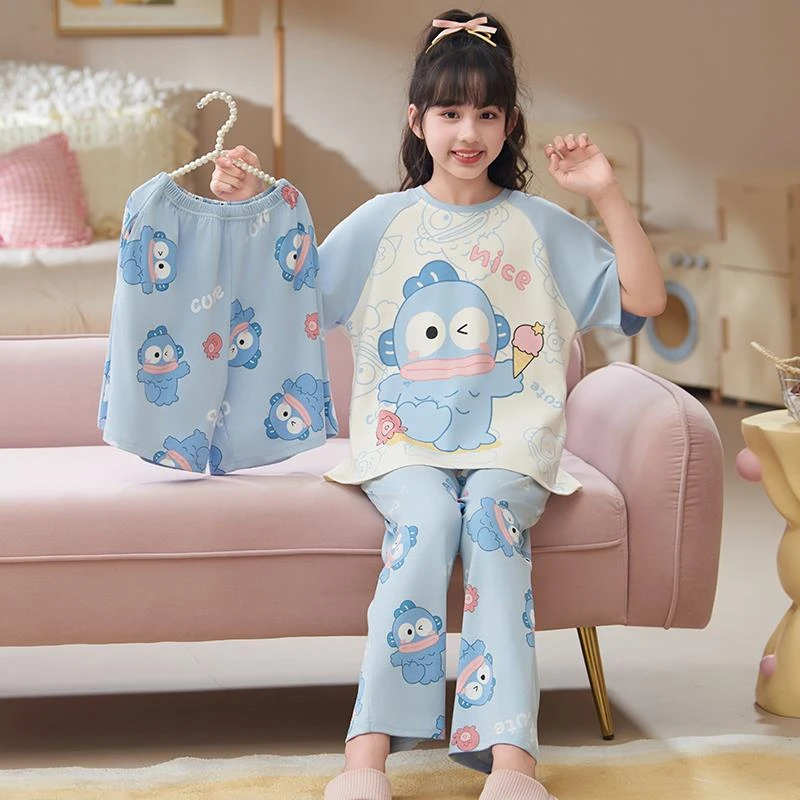 范哲萨儿童睡衣女童夏季三件套2025新款纯棉短袖薄款丑鱼女孩大童