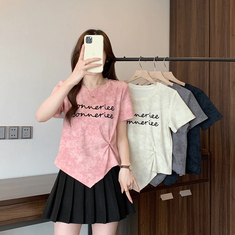 2025夏装新款胖mm大码女韩系不规则印花字母扎染短袖T恤