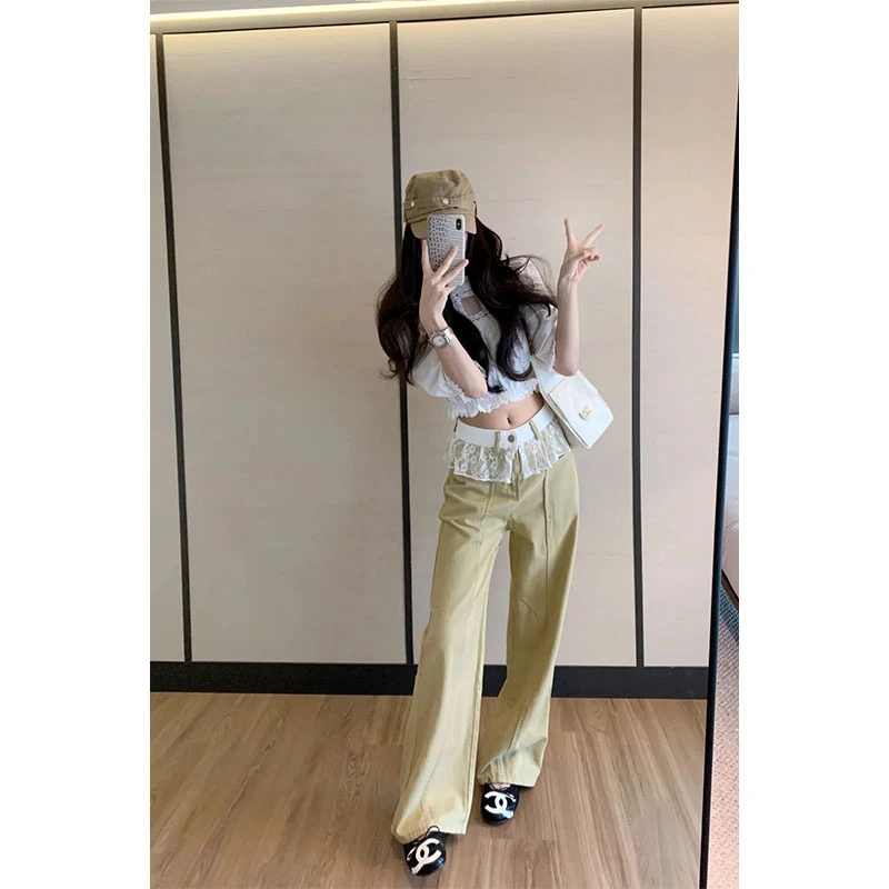 韩系甜美风休闲洋气百搭上衣高腰复古设计感拼接蕾丝直筒阔腿裤女