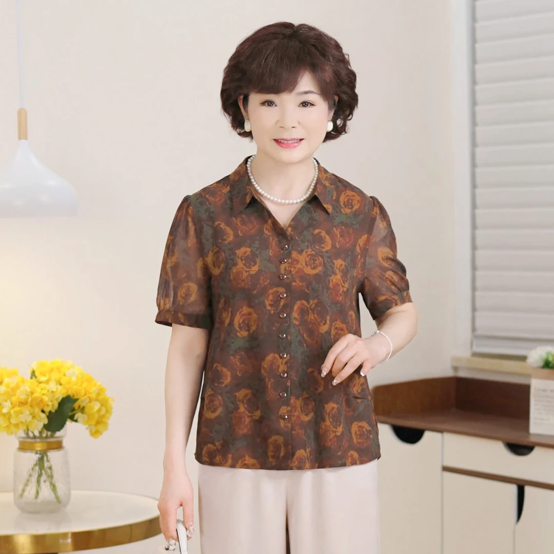 MUYUEZI/中年妈妈夏季新款洋气中老年时尚大码洋气印花上衣套装