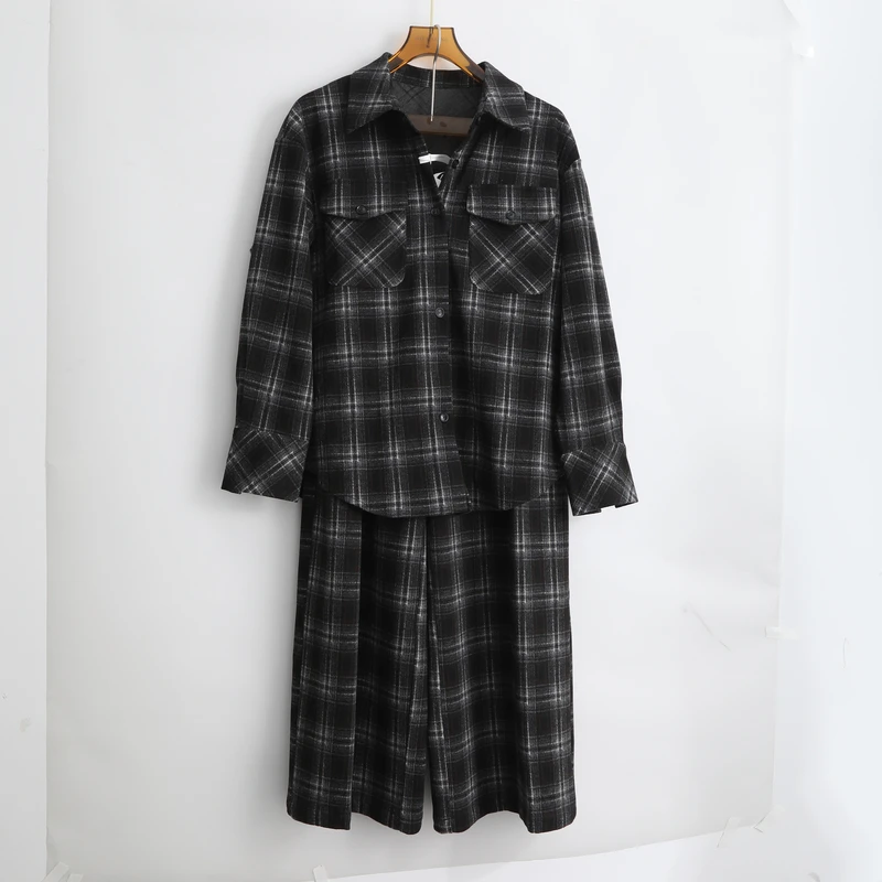 秋季宽松型中长款格纹衬衫女士翻领女装双面千鸟格X0121