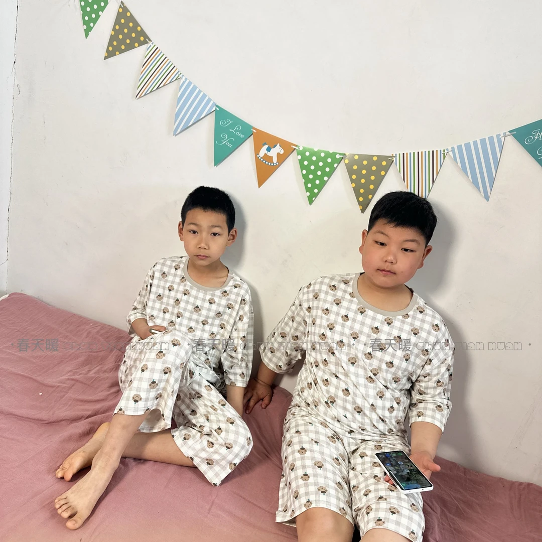 大童亲子春田暖A类儿童夏季居家服空调服套装无骨薄款男孩睡衣
